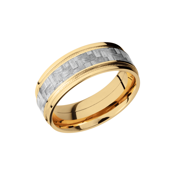 14K Yellow Gold 8mm flat band with grooved edges and a 4mm inlay of black Carbon Fiber inside reverse milgrain detail Cellini Design Jewelers Orange, CT