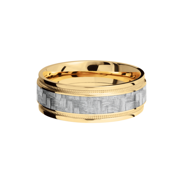 14K Yellow Gold 8mm flat band with grooved edges and a 4mm inlay of black Carbon Fiber inside reverse milgrain detail Image 3 Comstock Jewelers Edmonds, WA