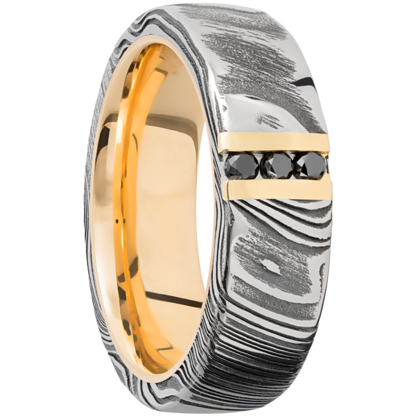 Handmade 7mm Woodgrain Damascus steel band featuring 3, .03ct channel-set black diamonds and a 14K yellow gold sleeve Image 2 Cozzi Jewelers Newtown Square, PA