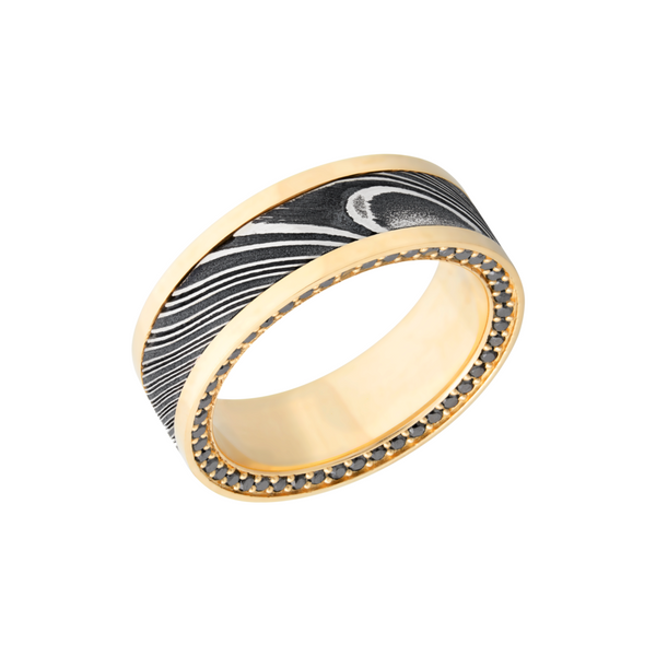18K Yellow gold 8mm flat band with an inlay of handmade woodgrain Damascus steel and black diamond eternity accents Cozzi Jewelers Newtown Square, PA
