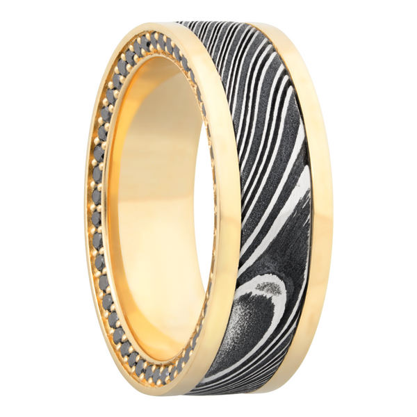 18K Yellow gold 8mm flat band with an inlay of handmade woodgrain Damascus steel and black diamond eternity accents Image 2 Saxons Fine Jewelers Bend, OR