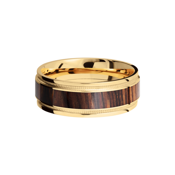 18K Yellow gold 8mm flat band with grooved edges, reverse milgrain detail and an inlay of Natcoco hardwood Image 3 Futer Bros Jewelers York, PA