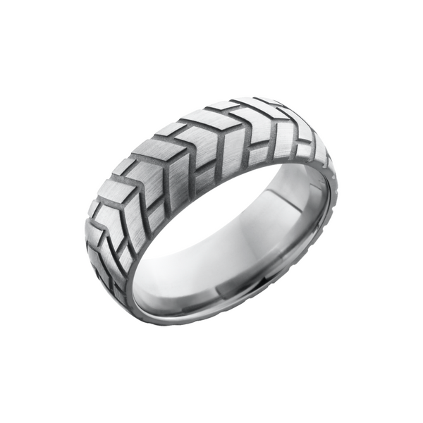 Titanium 8mm domed band with a laser-carved cycle pattern Estate Jewelers Toledo, OH