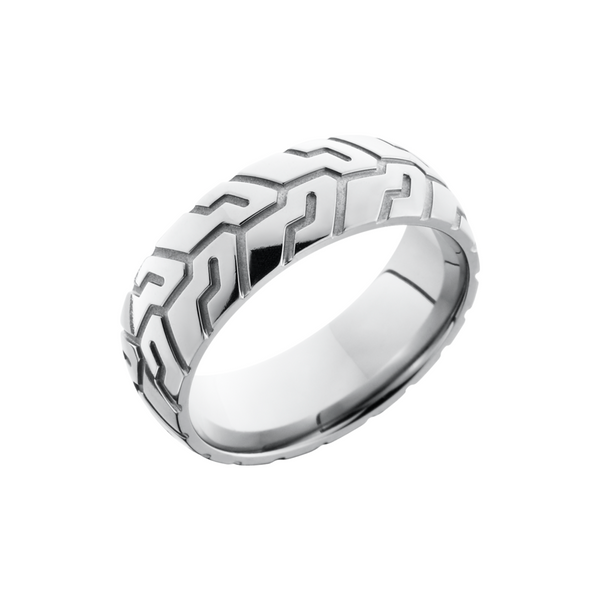Titanium 8mm domed band with a laser-carved cycle pattern Milan's Jewelry Inc Sarasota, FL