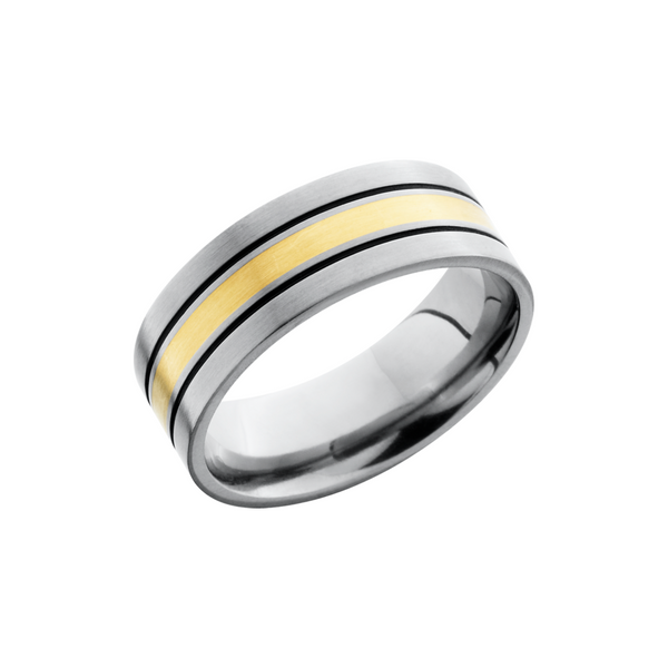 Titanium 8mm flat band with an inlay of 14K yellow gold and Cerakote filled grooves on either side Estate Jewelers Toledo, OH