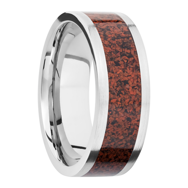 Titanium 8mm flat band with a mosaic inlay of red dinosaur bone Image 2 Cozzi Jewelers Newtown Square, PA