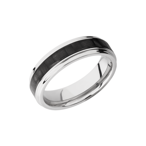 Titanium 6mm flat band with grooved edges and a 3mm inlay of black Carbon Fiber Milan's Jewelry Inc Sarasota, FL
