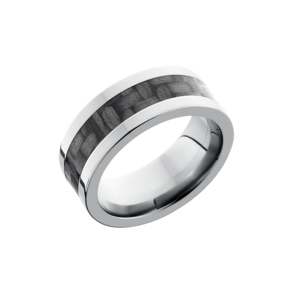 Titanium 8mm flat band with a 4mm inlay of black Carbon Fiber Estate Jewelers Toledo, OH