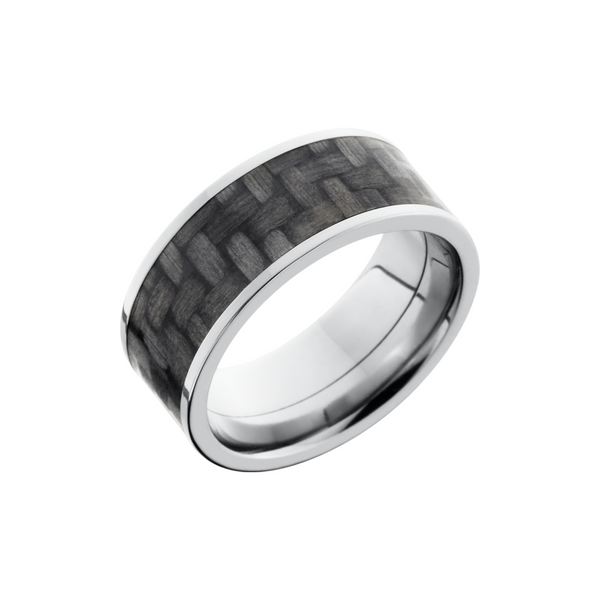 Titanium 9mm flat band with a 7mm inlay of black Carbon Fiber Saxons Fine Jewelers Bend, OR