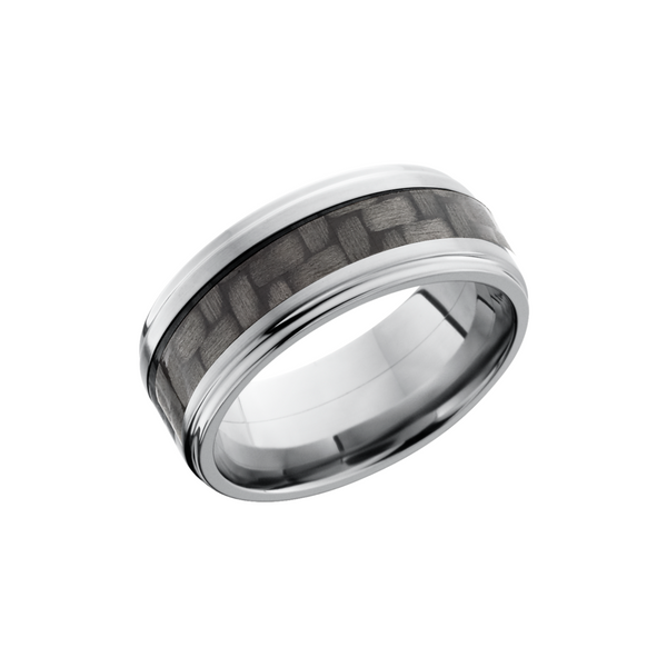 Titanium 9mm flat band with grooved edges and a 4mm inlay of black Carbon Fiber Toner Jewelers Overland Park, KS