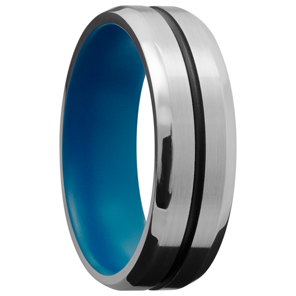 Cobalt chrome 7mm beveled band with 1, 1mm groove filled with black Cerakote and a sky blue Cerakote sleeve Image 2 Milan's Jewelry Inc Sarasota, FL