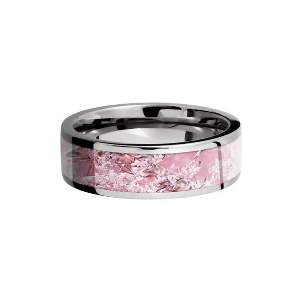 Cobalt chrome 7mm flat band with a 5mm inlay of King's Pink Camo Image 3 Quality Gem LLC Bethel, CT