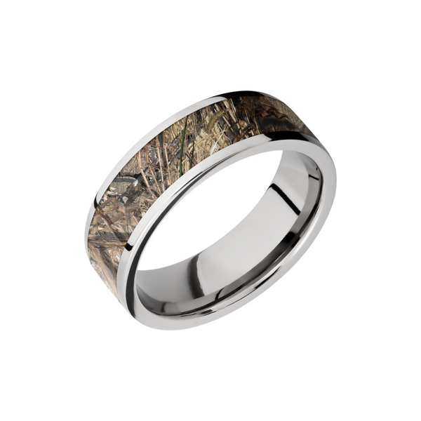 Cobalt chrome 7mm flat band with a 5mm inlay of Mossy Oak Duck Blind Camo Quality Gem LLC Bethel, CT