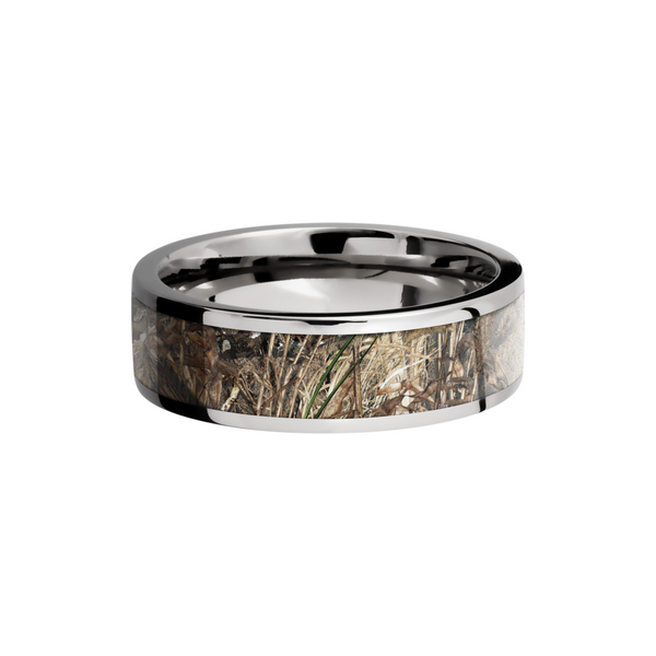 Cobalt chrome 7mm flat band with a 5mm inlay of Mossy Oak Duck Blind Camo Image 3 Milan's Jewelry Inc Sarasota, FL