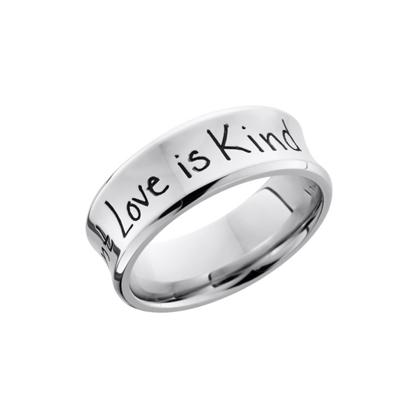 Cobalt chrome 8mm concave band with beveled edges and a laser-carved handwritten message Quality Gem LLC Bethel, CT