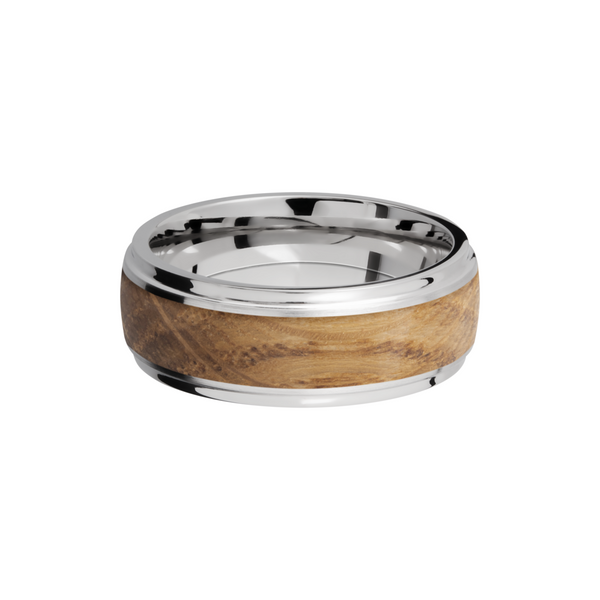 Cobalt chrome 8mm domed band with grooved edges and an inlay of Whiskey Barrel hardwood Image 3 Milan's Jewelry Inc Sarasota, FL