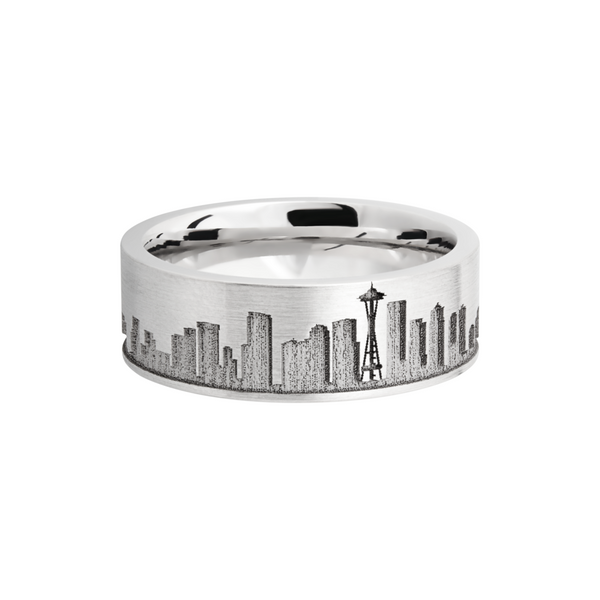 Cobalt chrome 8mm flat band with laser-carved Seattle skyline Image 3 Saxons Fine Jewelers Bend, OR