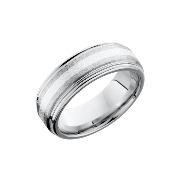 Cobalt chrome 8mm flat band with rounded edges and a 2mm inlay of sterling silver Cozzi Jewelers Newtown Square, PA