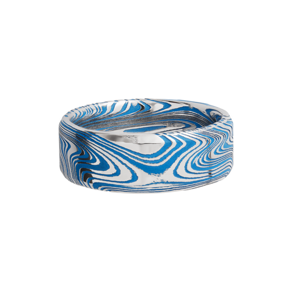 Marble Damascus steel 8mm beveled band with Ridgeway Blue Cerakote in the recessed pattern Image 3 Estate Jewelers Toledo, OH