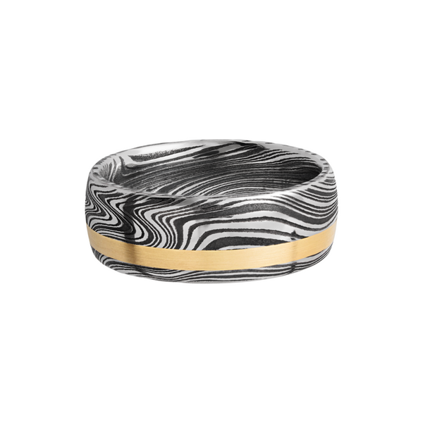 Handmade 8mm marble Damascus steel domed band with an off center inlay of 14K yellow gold Image 3 Toner Jewelers Overland Park, KS