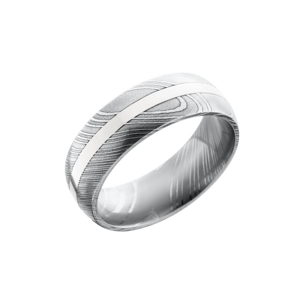Handmade 8mm Damascus steel domed band with an inlay of 14K white gold Quality Gem LLC Bethel, CT