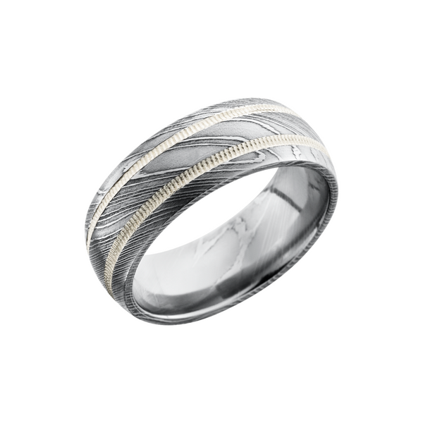 Handmade 8mm Damascus steel domed band with 2, 1mm reverse milgrain inlays of sterling silver Cozzi Jewelers Newtown Square, PA