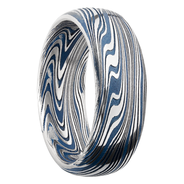 Marble Damascus steel 8mm domed band with Ridgeway Blue Cerakote in the recessed pattern Image 2 Estate Jewelers Toledo, OH