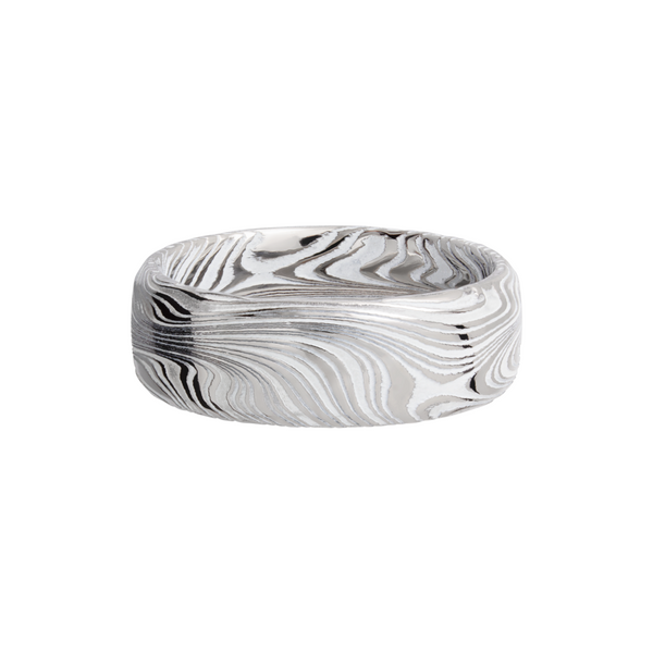 Marble Damascus steel 8mm domed band with White Cerakote in the recessed pattern Image 3 Milan's Jewelry Inc Sarasota, FL