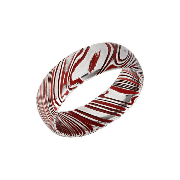 Woodgrain Damascus steel 8mm domed band beveled edges and red Cerakote in the recessed pattern Milan's Jewelry Inc Sarasota, FL