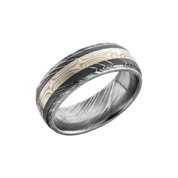Handmade 8mm Damascus steel domed band with grooved edges and an inlay of Mokume Gane Milan's Jewelry Inc Sarasota, FL
