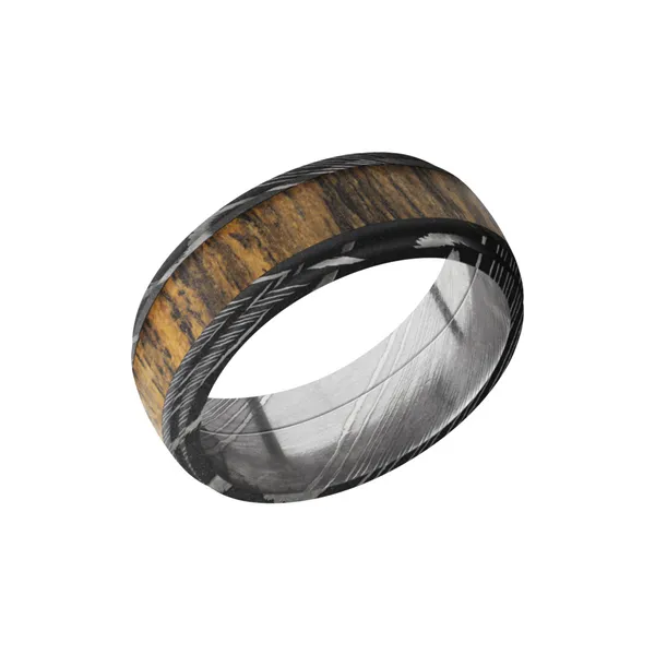 Damascus Steel 8mm Domed Band with Grooved Edges and An Inlay of Bocote Hardwood