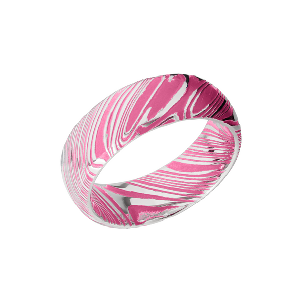 Woodgrain Damascus steel 8mm domed band beveled edges and pink Cerakote in the recessed pattern Milan's Jewelry Inc Sarasota, FL