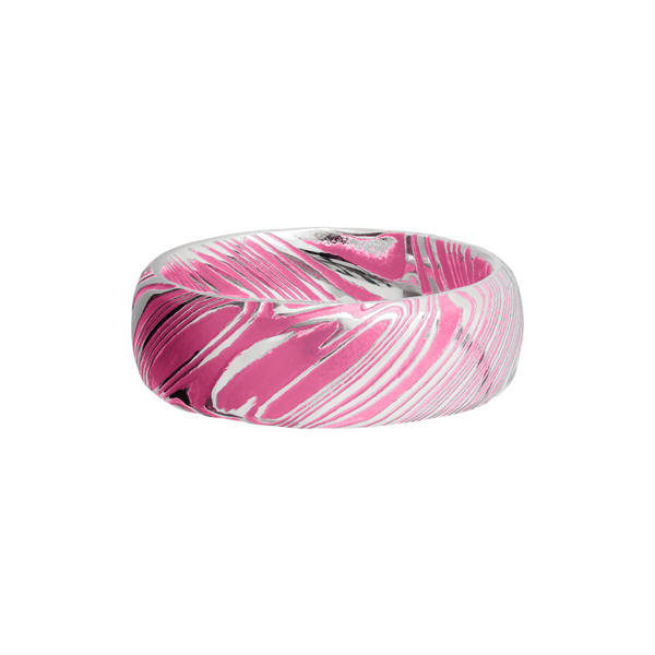 Woodgrain Damascus steel 8mm domed band beveled edges and pink Cerakote in the recessed pattern Image 3 Toner Jewelers Overland Park, KS