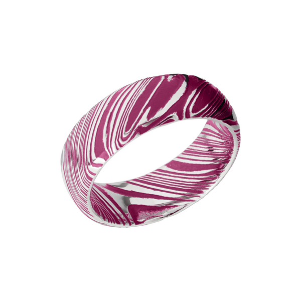 Woodgrain Damascus steel 8mm domed band beveled edges and pink Cerakote in the recessed pattern Quality Gem LLC Bethel, CT