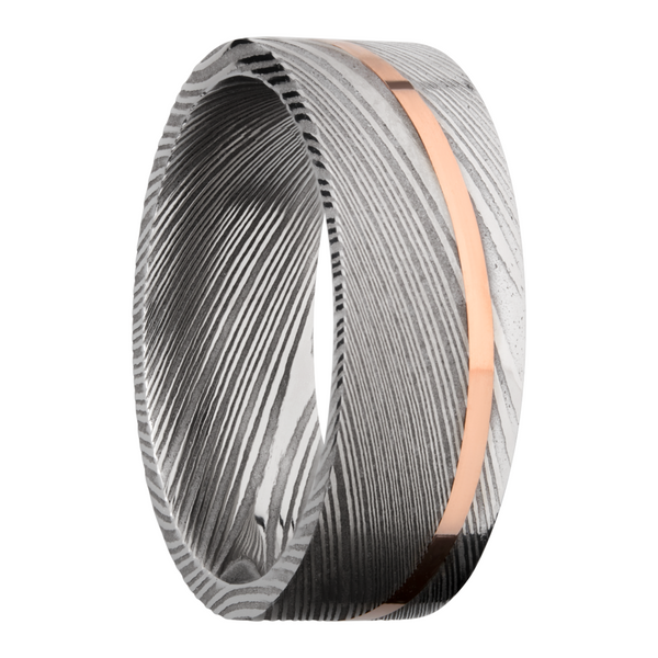 Handmade 8mm Damascus steel band with an angled inlay of 14K rose gold Image 2 Quality Gem LLC Bethel, CT