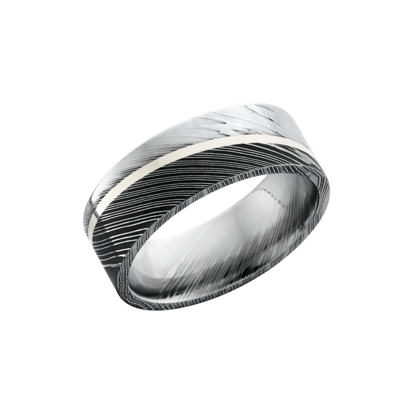 Handmade 8mm Damascus steel band with an angled inlay of sterling silver Milan's Jewelry Inc Sarasota, FL