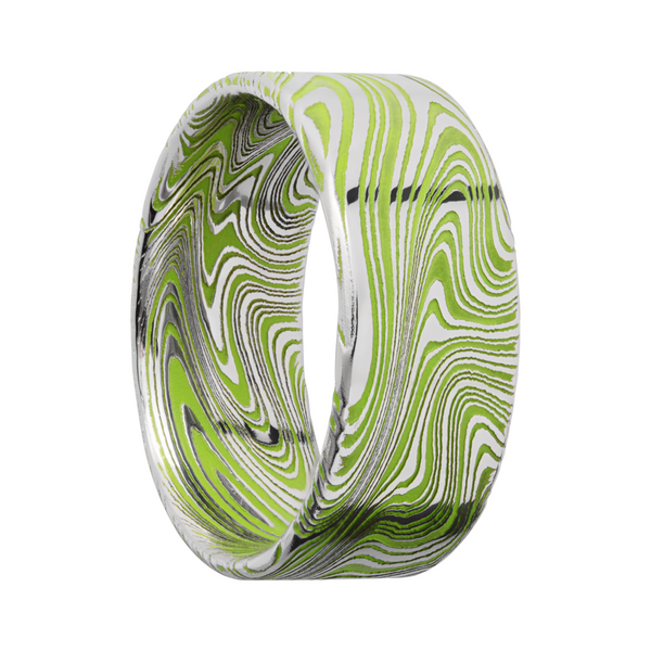 Marble Damascus steel 9mm flat band with slightly rounded edges and Zombie Green Cerakote in the recessed pattern Image 2 Quality Gem LLC Bethel, CT
