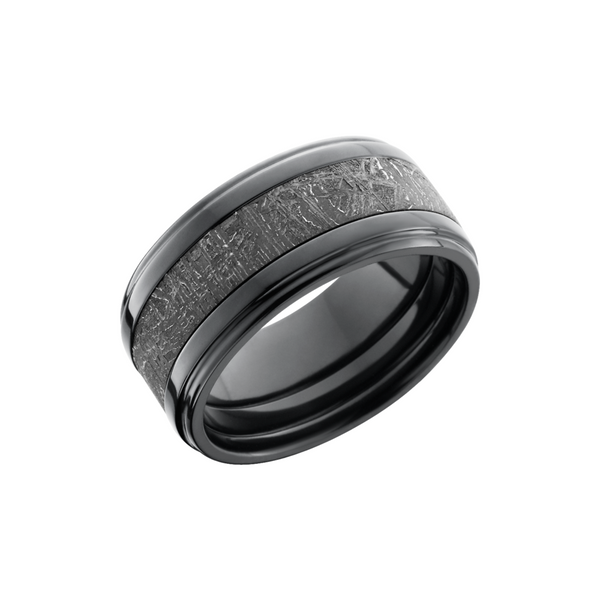 Zirconium 10mm flat band with grooved edges with an inlay of authentic Gibeon meteorite Saxons Fine Jewelers Bend, OR