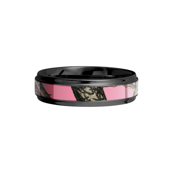 Cobalt chrome 6mm flat band with grooved edges and a 3mm inlay of Mossy Oak Pink Break Up Camo Image 3 Milan's Jewelry Inc Sarasota, FL