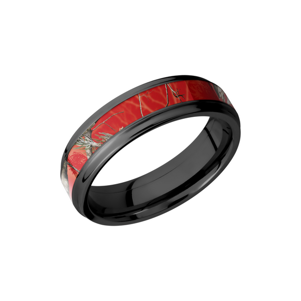 Zirconium 6mm flat band with grooved edges and a 3mm inlay of Realtree APC Red Camo Quality Gem LLC Bethel, CT