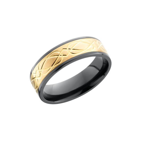 Zirconium 7mm flat band with a laser-carved celtic pattern in an inlay of 14K yellow gold MurDuff's, Inc. Florence, MA