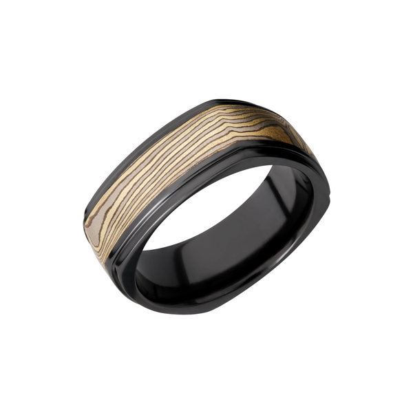 Zirconium 8.5mm flat square band with an inlay of Mokume Gane and grooved edges Milan's Jewelry Inc Sarasota, FL