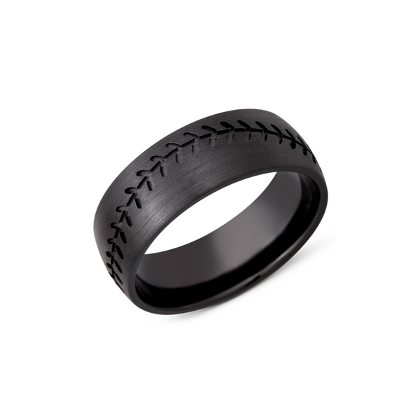 Zirconium 8mm domed band with a laser-carved baseball stitch Raleigh Diamond Fine Jewelry Raleigh, NC