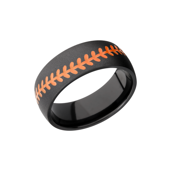 Zirconium 8mm domed band with a laser-carved baseball stitch and orange Cerakote in the recessed stitching Saxons Fine Jewelers Bend, OR