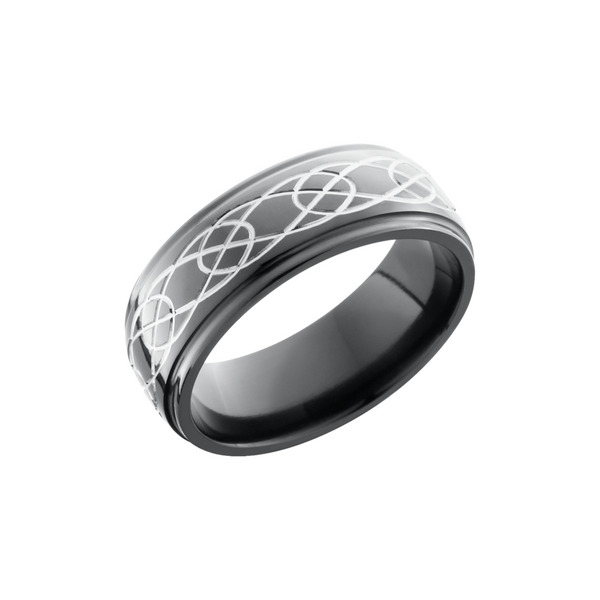 Zirconium 8mm domed band with grooved edges and a laser-carved celtic pattern Cozzi Jewelers Newtown Square, PA