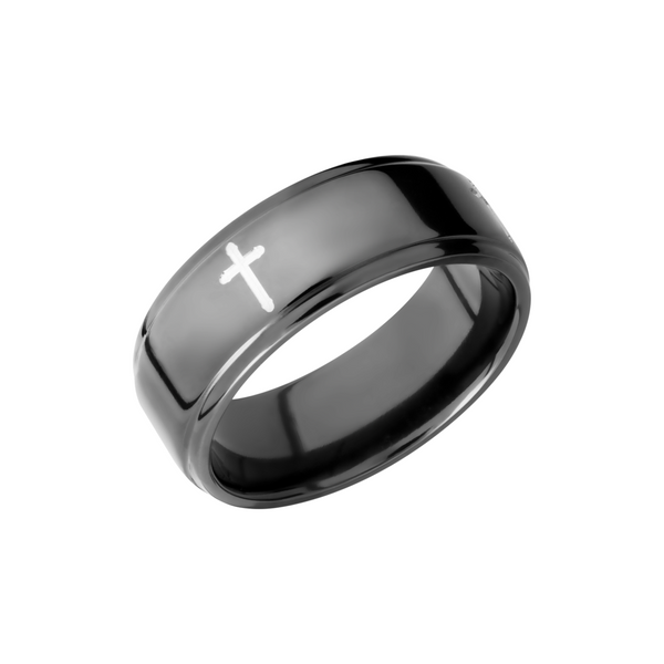 Zirconium 8mm flat band with grooved edges and a laser-carved cross pattern Cozzi Jewelers Newtown Square, PA