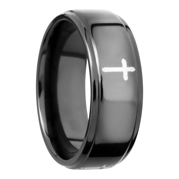 Zirconium 8mm flat band with grooved edges and a laser-carved cross pattern Image 2 Saxons Fine Jewelers Bend, OR