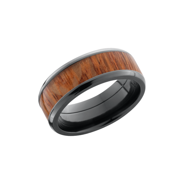 Zirconium 8mm beveled band with an inlay of Leopard hardwood Cozzi Jewelers Newtown Square, PA