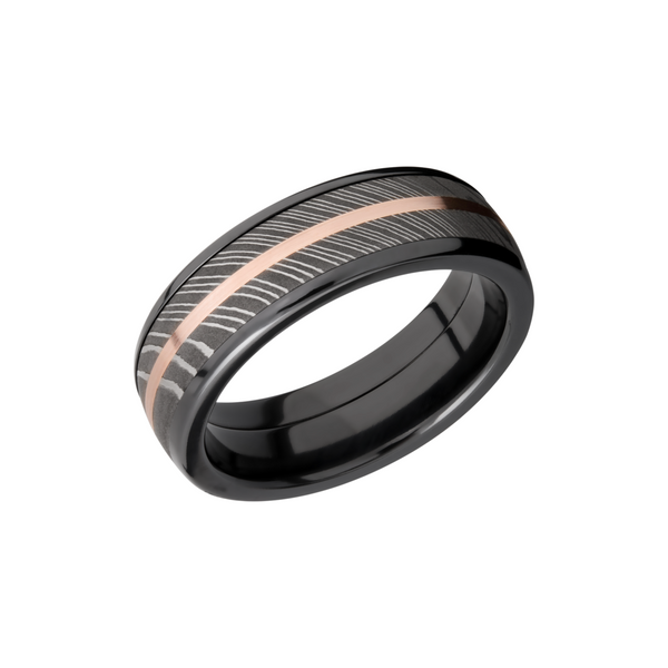 Zirconium domed 7mm band with a 5mm inlay of handmade Damascus steel and a 1mm inlay of 14K rose gold Milan's Jewelry Inc Sarasota, FL