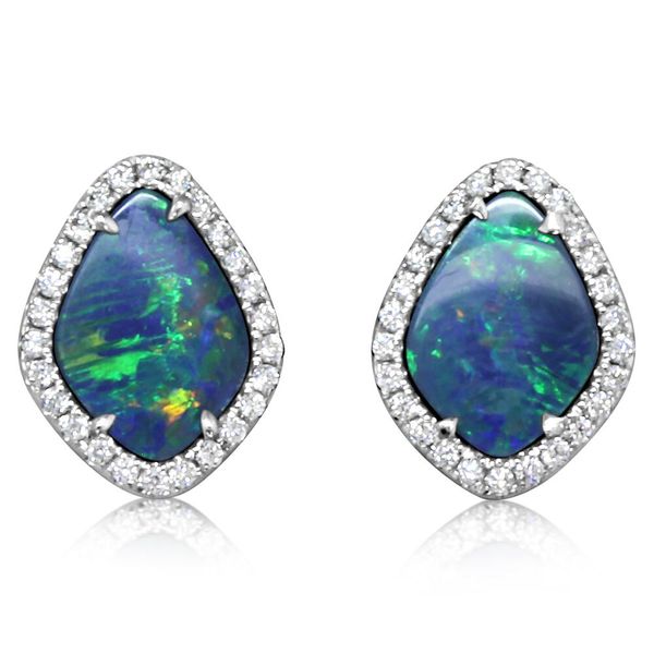 White Gold Opal Doublet Earrings Brynn Elizabeth Jewelers Ocean Isle Beach, NC